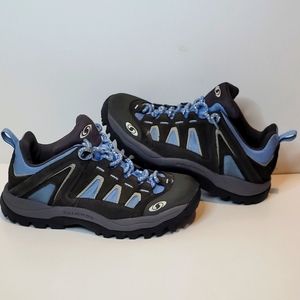 Salomon Contagrip Trail Hiking Shoes Womens size 7 YYS 643001 blue brown leather